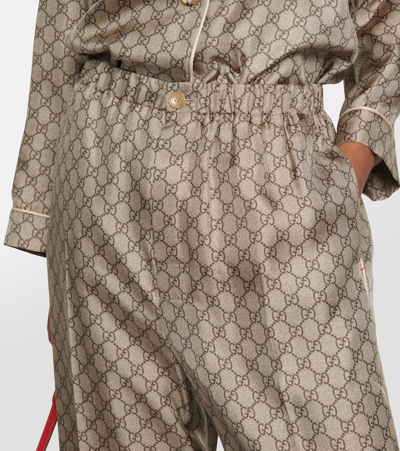 Shop Gucci Gg Supreme Wide-leg Silk Pants In Brown