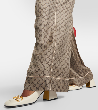 Shop Gucci Gg Supreme Wide-leg Silk Pants In Brown