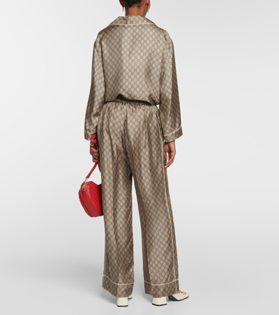 Shop Gucci Gg Supreme Wide-leg Silk Pants In Brown