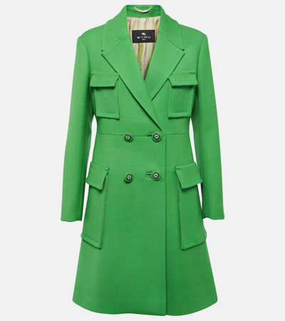 Shop Etro Double-breasted Virgin Wool Coat In Green