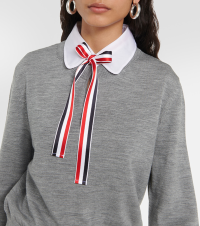 Shop Thom Browne Tie-neck Wool Sweater In Grey