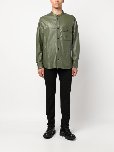 Shop Emporio Armani Leather Shirt Jacket In Green