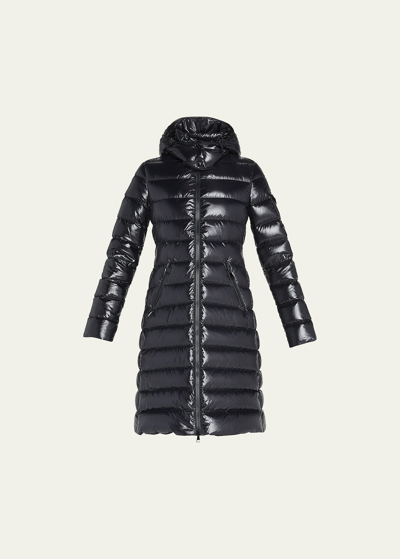 Shop Moncler Moka Shiny Fitted Puffer Coat With Hood In Black