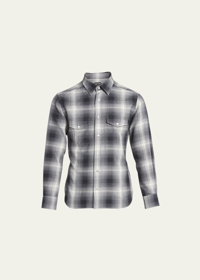 Shop Tom Ford Men's Western Check Sport Shirt In Grey