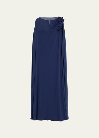 Shop Badgley Mischka Feather-embellished Floral Cape Gown In Marine