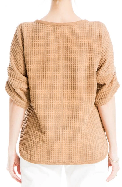 Max Studio Ruched Elbow Sleeve Waffle Knit Top In Camel