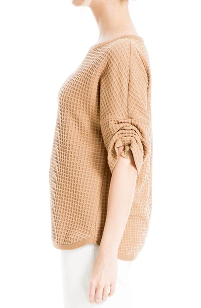 Max Studio Ruched Elbow Sleeve Waffle Knit Top In Camel