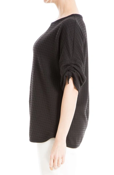 Max Studio Ruched Elbow Sleeve Waffle Knit Top In Black