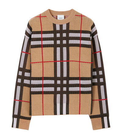 Shop Burberry Cotton-blend Check Sweater In Neutrals