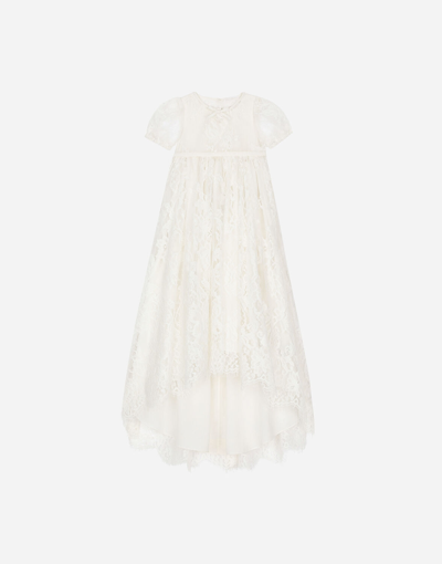 Shop Dolce & Gabbana Empire-line Ramage Chantilly Lace Christening Dress With Short Sleeves In Multicolor