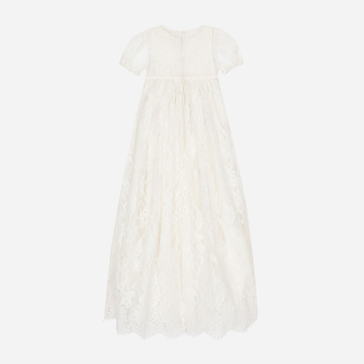 Shop Dolce & Gabbana Empire-line Ramage Chantilly Lace Christening Dress With Short Sleeves In Multicolor