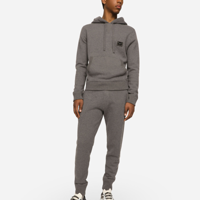 Dolce & Gabbana Cotton Sweatshirt With Iconic Metal Logo Plate In Grey