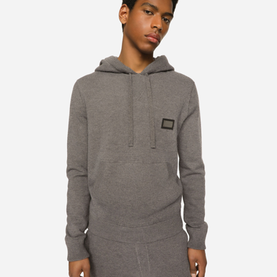 Dolce & Gabbana Cotton Sweatshirt With Iconic Metal Logo Plate In Grey