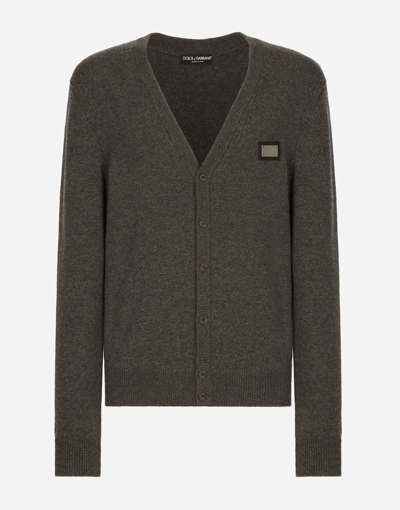 Shop Dolce & Gabbana Cashmere And Wool Cardigan With Branded Tag In Grey