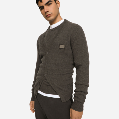 Shop Dolce & Gabbana Cashmere And Wool Cardigan With Branded Tag In Grey