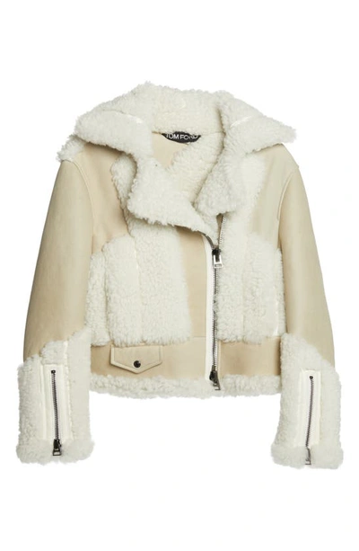 Shop Tom Ford Patchwork Genuine Shearling Moto Jacket In Cream White