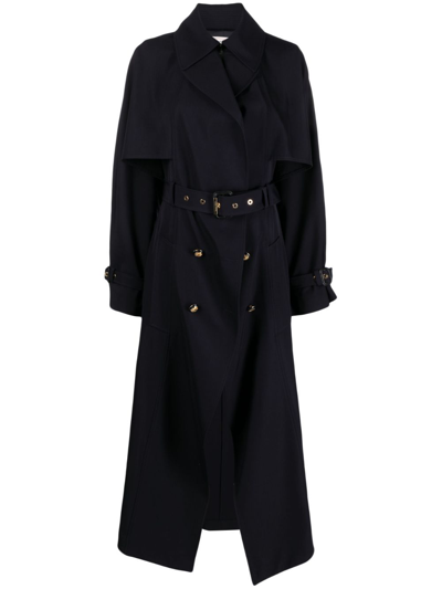 Shop Alexander Mcqueen Wool And Cotton Blend Trench Coat In Blue