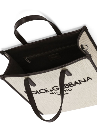 Shop Dolce & Gabbana Logo Cotton Tote Bag In Beige