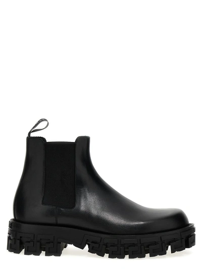 Shop Versace 'greca' Ankle Boots In Black