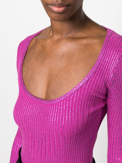 Shop Pinko Laminated-effect Ribbed-knit Jumper In Purple