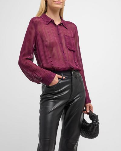 Shop Cinq À Sept Kandice Sheer Stripe Shirred Button-front Top In Dark Fig
