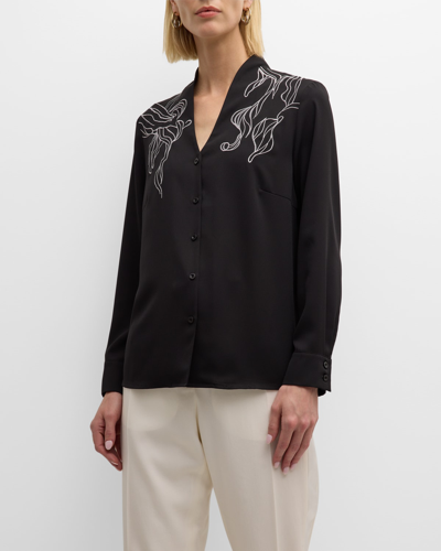 Shop Misook Abstract Stitch Embroidered Button-front Crepe Blouse In Black/white