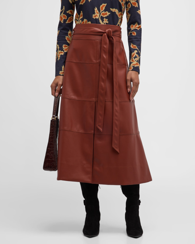 Shop Tanya Taylor Hudson Faux Leather Belted Tiered Seam Midi Skirt In Brandy