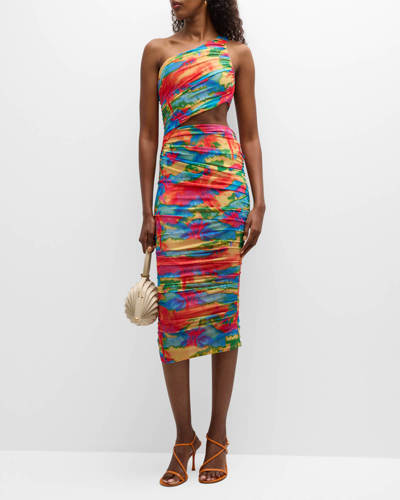 Shop Ser.o.ya Imani One-shoulder Ruched Cut-out Midi Bodycon Dress In Abstract Palm