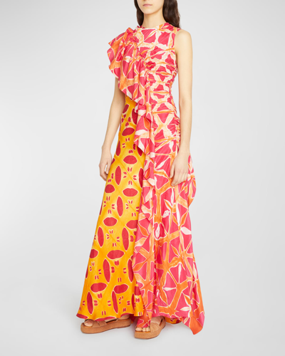 Shop Ulla Johnson Lali One-shoulder Long Floral Ruffle Silk Dress In Tigerlily