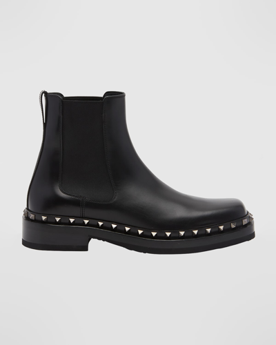 Shop Valentino Men's Rockstud Beatle Leather Chelsea Boots In Black