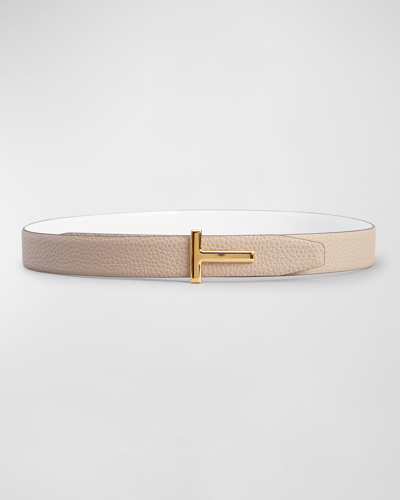Shop Tom Ford Reversible T-logo Leather Belt In Silk Taupe White