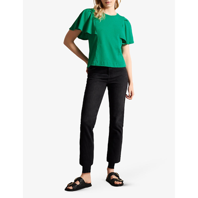 Shop Ted Baker Women's Green Hallenn Ruffle-sleeve Regular-fit Cotton-linen Blend T-shirt