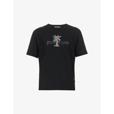 Shop Palm Angels Mens Black White Graphic-print Regular-fit Cotton And Linen-blend T-shirt