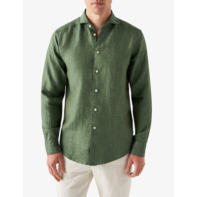 Shop Eton Mens Dark Green Slim-fit Linen-twill Shirt