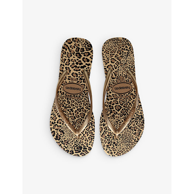 Shop Havaianas Womens Sand Grey/golden Slim Leopard-print Rubber Flip-flops In Multi-coloured