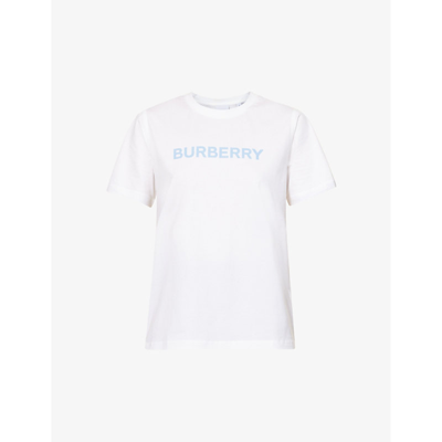 Shop Burberry Womens White / Blue Margot Logo-print Stretch-cotton T-shirt