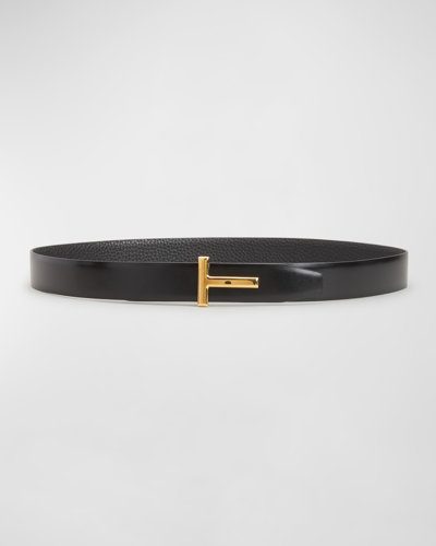 Shop Tom Ford Reversible T-logo Leather Belt In Black