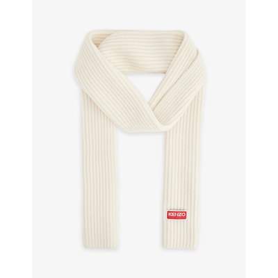 Shop Kenzo Men's Off White Brand-patch Ribbed Wool-knit Scarf