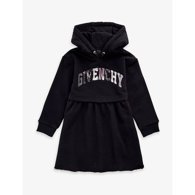 Shop Givenchy Girls Black Kids Hooded Logo Sequin-embellished Cotton-blend Dress 4-12 Years