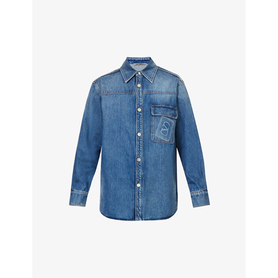 Shop Valentino Branded-pocket Contrast-stitch Relaxed-fit Denim Overshirt In Medium Blue Denim