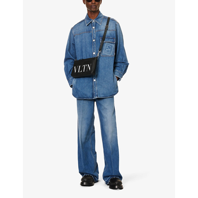 Shop Valentino Branded-pocket Contrast-stitch Relaxed-fit Denim Overshirt In Medium Blue Denim