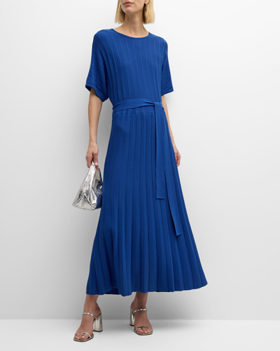 Shop Misook A-line Tie-waist Soft Ribbed Knit Dress In Lyons Blue