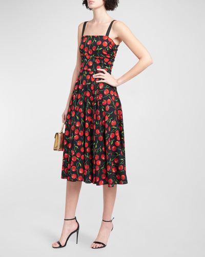 Shop Dolce & Gabbana Cherry Charmeuse Ruched Midi Dress In Black Prt