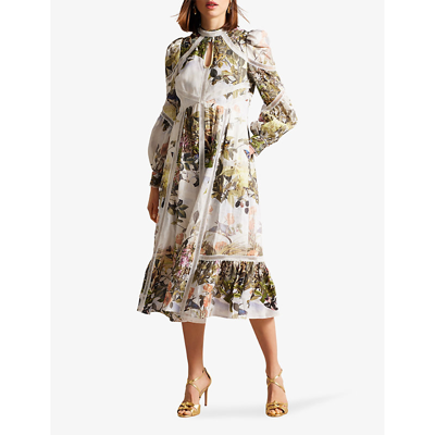 Shop Ted Baker Women's White Maylily High-neck Floral-print Linen Midi Dress