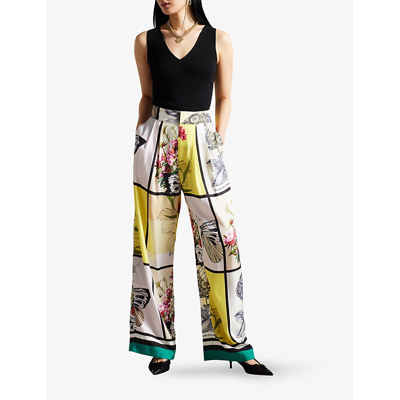 Shop Ted Baker Women's White Embelae Floral-print Wide-leg Mid-rise Woven Trousers