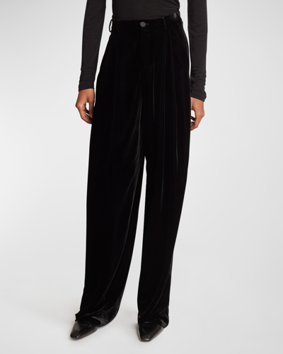 Shop Saint Laurent Men's Velour Wide-leg Pants In Nero