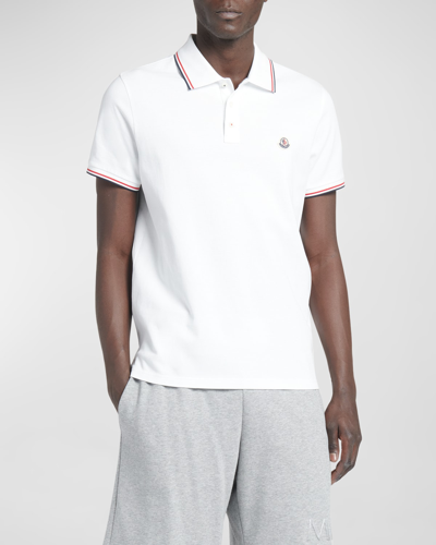 Moncler Classic White Cotton Polo With Signature Tri-color Trim In Black