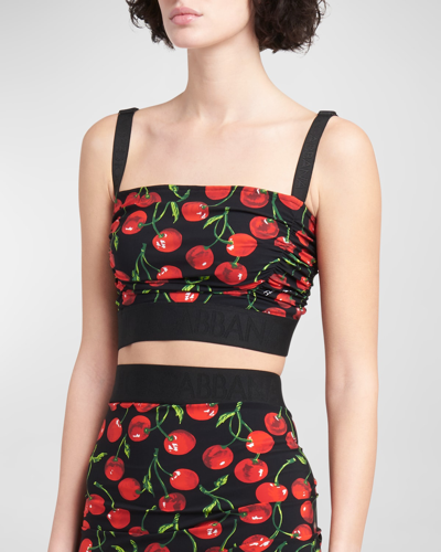 Shop Dolce & Gabbana Cherry-print Ruched Jersey Crop Top In Black Prt