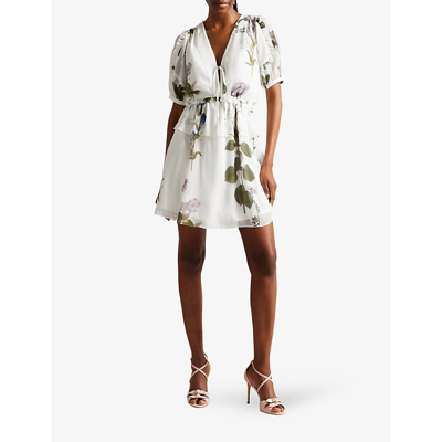 Shop Ted Baker Women's White Jaliyaa Floral-print Puff-sleeved Recycled Polyester-blend Mini Dress