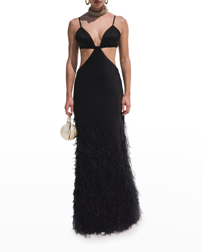 Shop Cult Gaia Raisa Feather-embellished Cutout Gown In Black